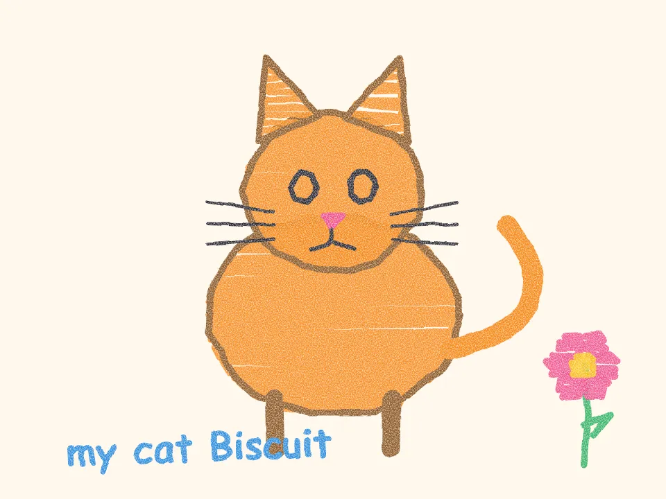 A child's crayon drawing of an orange cat called Biscuit