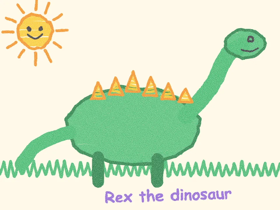 A child's crayon drawing of a green dinosaur called Rex