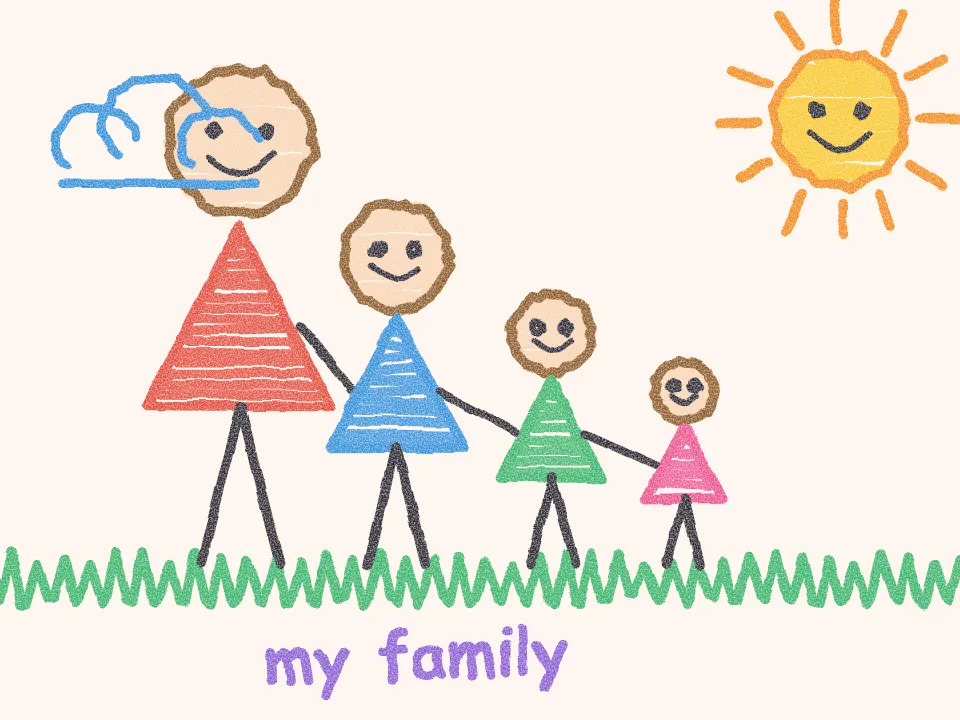 A child's crayon drawing of a family holding hands