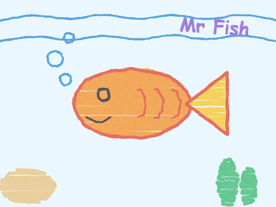 A child's crayon drawing of a big orange fish swimming in blue water