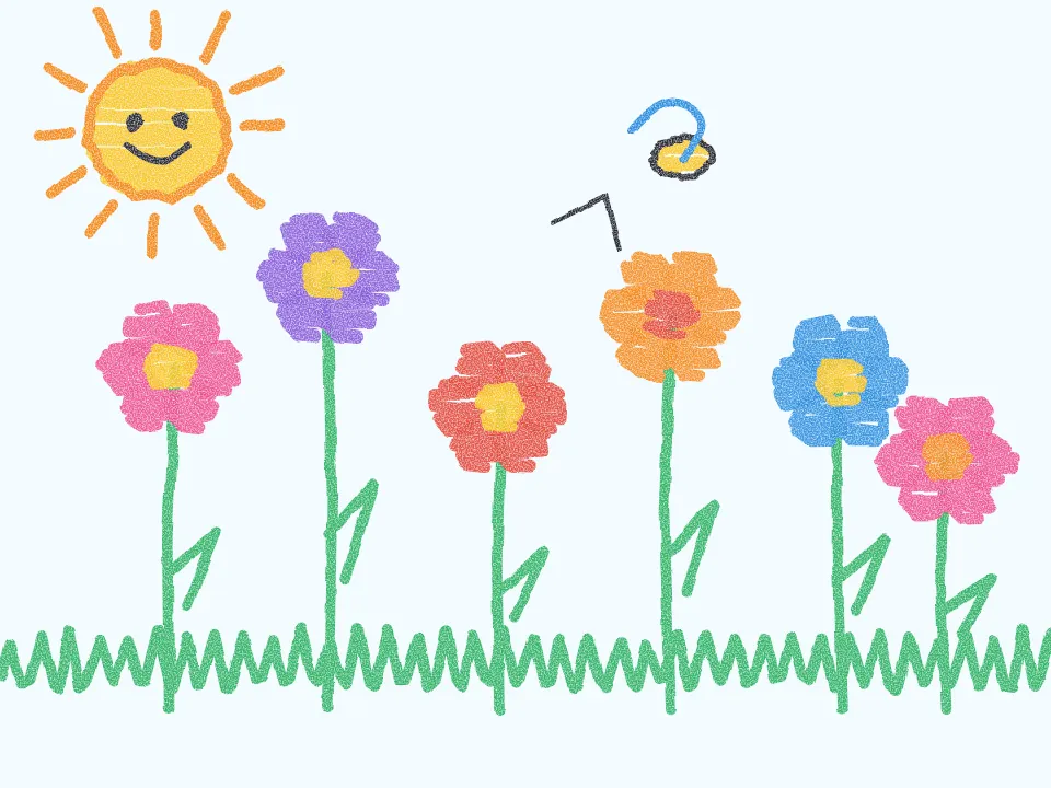 A child's crayon drawing of tall colourful flowers under a smiling sun