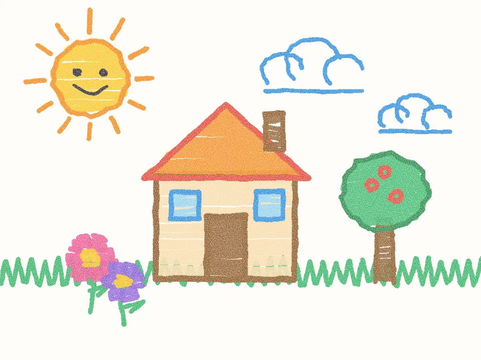 A child's crayon drawing of a house with a smiling sun, a tree and flowers