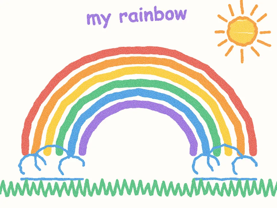A child's crayon drawing of a rainbow over a field of green grass