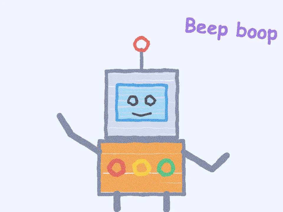 A child's crayon drawing of a friendly robot with colourful buttons