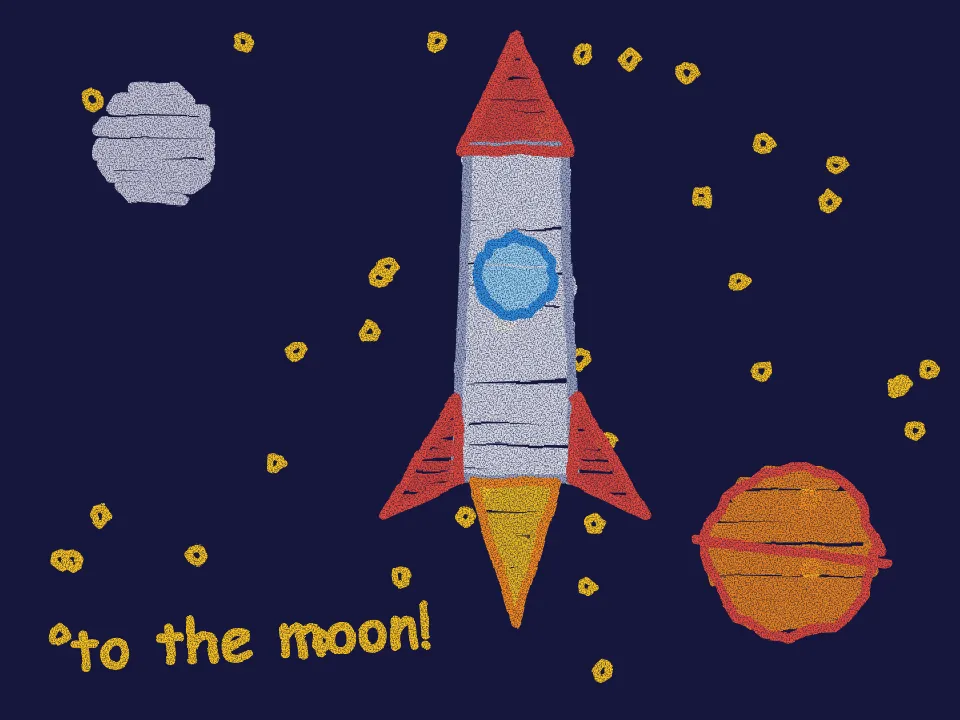 A child's crayon drawing of a rocket flying to the moon among yellow stars