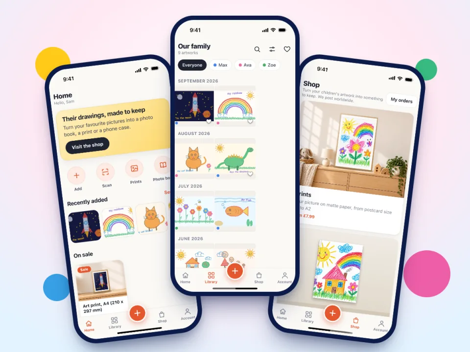 Three iPhones showing the Squiglet app: the family library of children's drawings, the shop, and a drawing being viewed