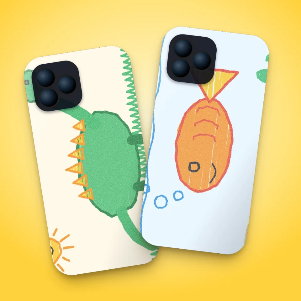 Two phone cases printed with a child's dinosaur and fish drawings