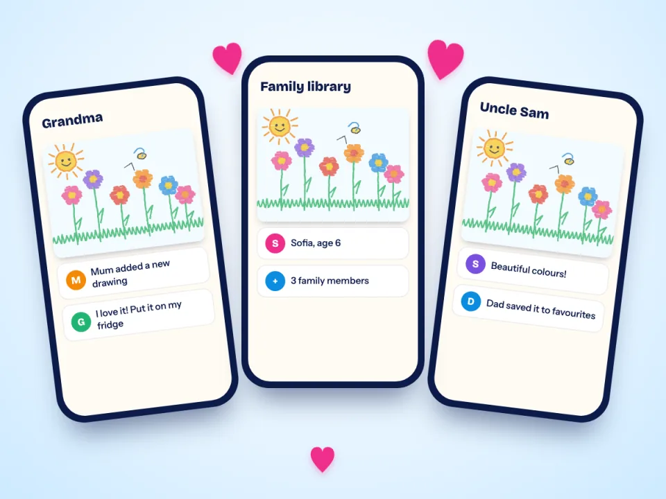 Three phones showing the same child's flower drawing shared in a private family library, with loving comments from relatives