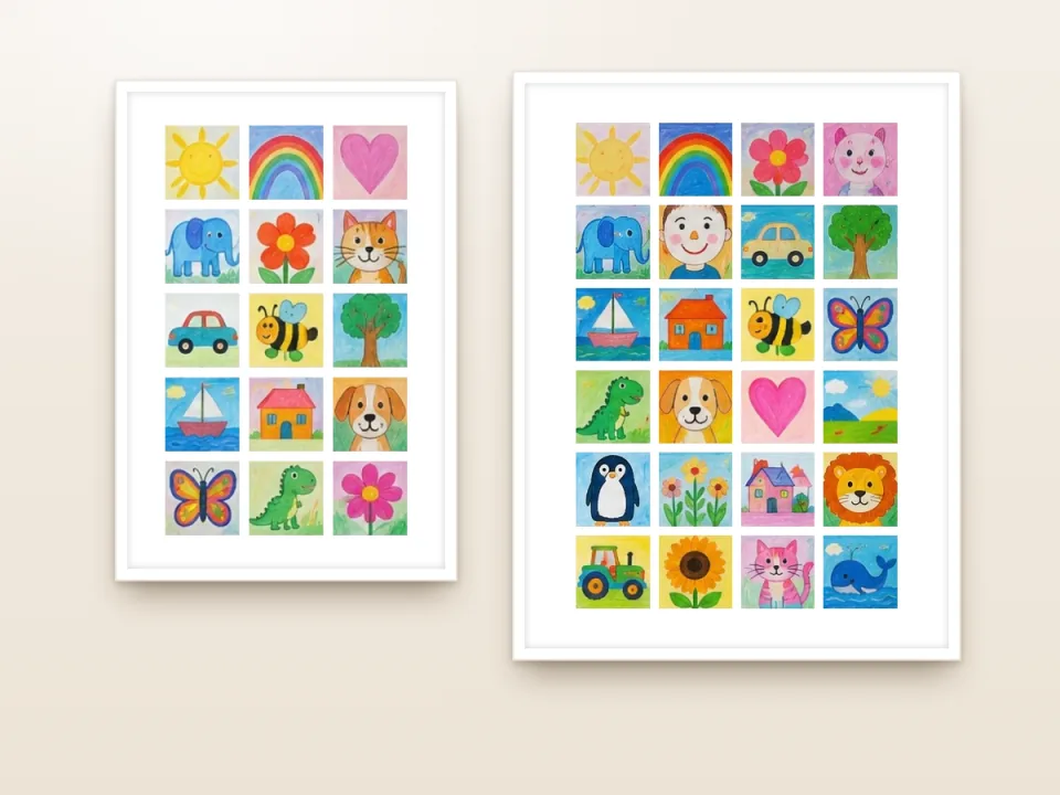 Two white-framed mosaic prints on a wall, one with fifteen and one with twenty-four children's drawings in a neat grid