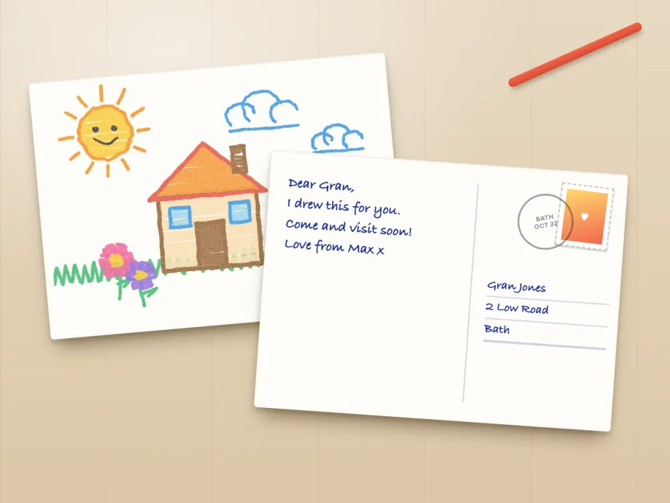 A postcard with a child's house and sun drawing on the front, next to its back with a handwritten message, a stamp and an address