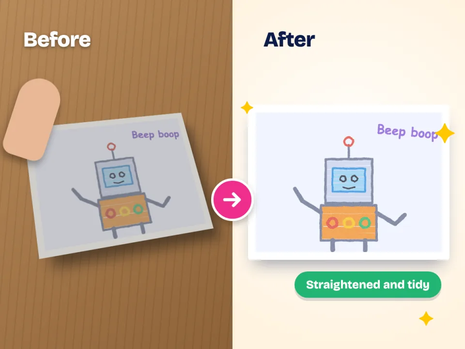 A crooked, shadowy photo of a robot drawing on a wooden desk, next to the same drawing straightened and cleaned up by the app